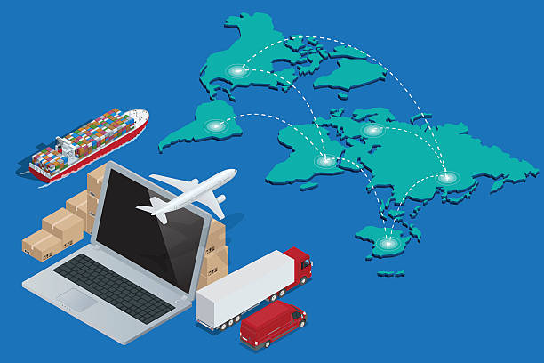 Global logistics network Concept of air cargo trucking, rail transportation, maritime shipping, customs clearance. Documentary support, international trade consulting for clients isometric illustration